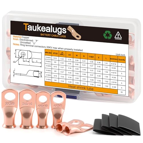 60PCS Battery Copper Terminal connectors and Heat Shrink Tubes,6 Types AWG Gauge Wire Cable lugs Closed Ends Assortment Kits for Marine Car