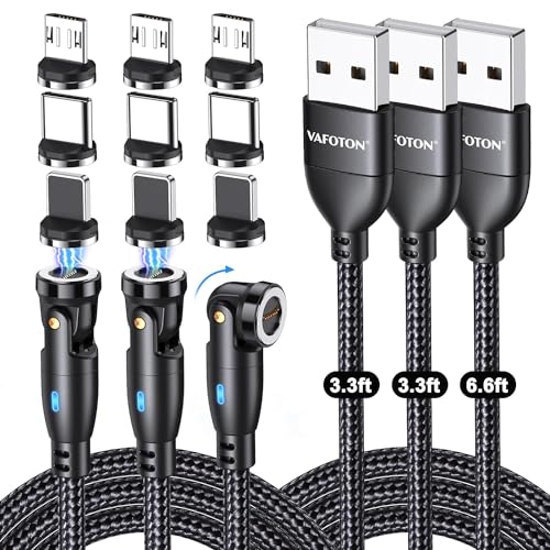 9-Pin 540° Rotating Magnetic Charger Cable , 6 in-1 Magnetic Phone Charger Cable PD 60W/3A Fast Charger Cord USB C to USB C Magnetic Charging Cable for Micro USB/Type C/i-Products (3.3FT+3.3FT+6.6FT)