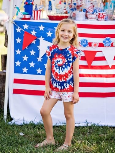 Image of Toddler Girls July 4th Shirts American Flag Ruffle Short Sleeve Patriotic Red White Blue Star Outfits Blouse Tops