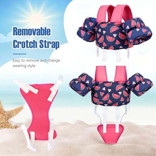 Image of Proberos Kids Swim Vest Cartoon Print, Non-Inflatable Child Buoyancy Float Jacket with Adjustable Straps & Crotch Safety Strap, Lightweight Swimming Aid for Toddlers and Children Age 3-6-Pink