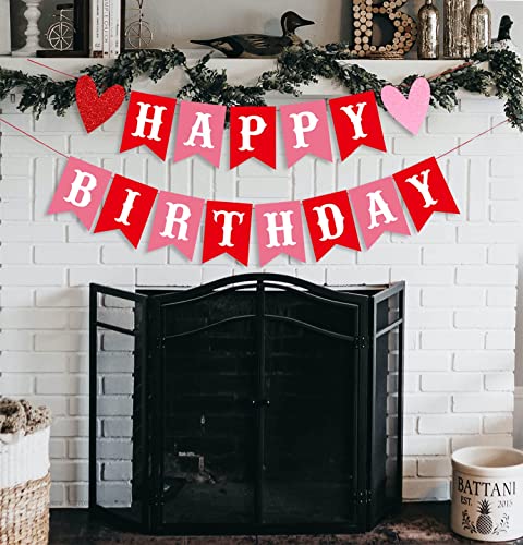 Image of FestikoHappy Birthday Banner for Valentine's Day Red Pink Valentine's Day Themed Birthday Banner with Glitter Heart Signs Valentines Birthday Paper Banner for Home Wall Party Decorations Supplies