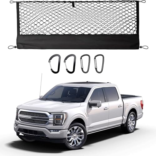 Truck Bed Cargo Net for Ford F150 2015-2024 2025 Envelope Style Pickup Cargo Net with Storage Bag Heavy Duty Elastic Mesh Organizer with Carabiners Secures Groceries & Gear