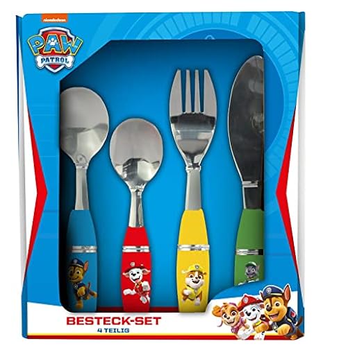 PAW PATROL 33789 - Juego de cubiertos para niña, 4 piezas, acero inoxidable, mango de plástico, con cuchillo, tenedor, cuchara sopera y cuchara de postre | Ya disponible en tu tienda friki favorita! En mundofriki.es!