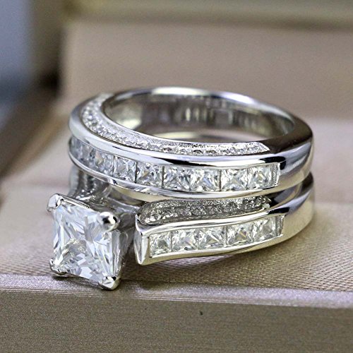 White Gold Plated Womens Wedding Ring Sets Bridal Sets Princess Cut Cz Engagement Ring Wedding Bands2