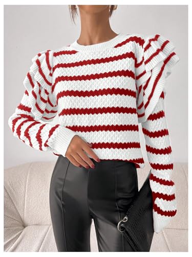 MakeMeChic Women's Tiered Layer Striped Sweater Long Sleeve Crew Neck Knitted Pullovers Top3