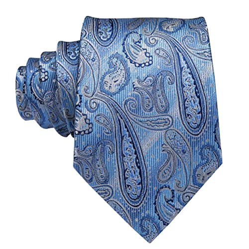 Hi-Tie Ice Blue Ties For Men Wedding Silk Paisley Necktie With Pocket Square Cufflinks Gift #TOP3