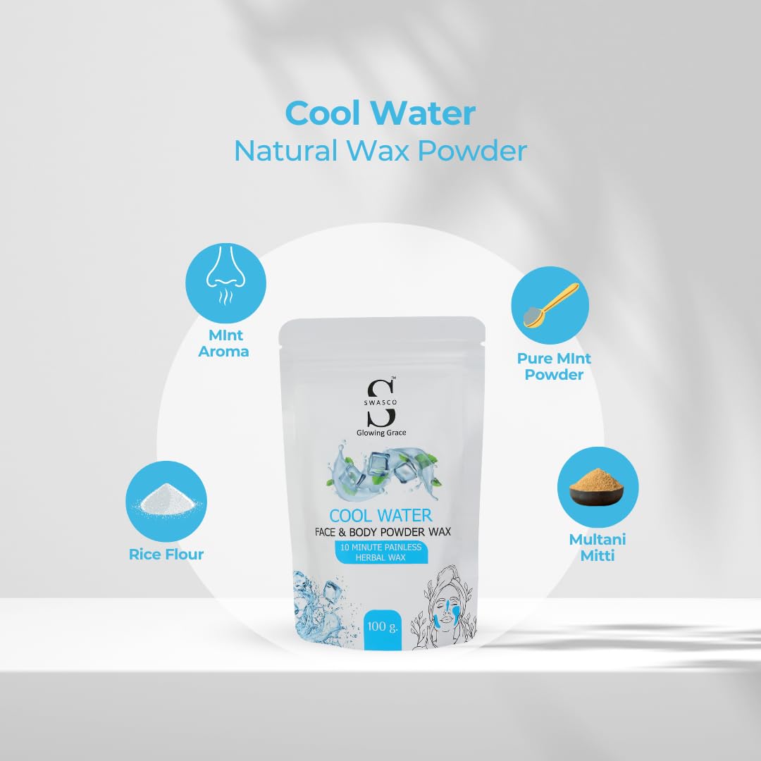 SWASCO Wax Powder for Hair Removal | Herbal Wax with Mint & Multani Mitti 100g | Painless, Chemical-Free Waxing for Face, Body, Bikini, Underarms & Legs|For All Skin Types of Women & Men (COOL WATER) 2