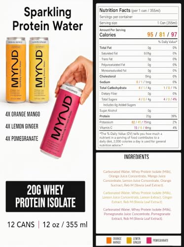 Image of MYND Sparkling Protein Water, Variety Pack, 12 Pack | 20g Whey Protein Isolate Per Can, Clear Protein Drink, Lactose Free, Gluten Free, No Added Sugar
