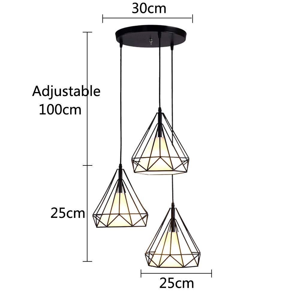 E27 3 Płomienie, metalowy ół w LED czarnej czarnej lampy sufitowej cień o wysokości 100 cm Regulowany żyrandol do sypialni w salonie, okrągła komfortowa rocznica
