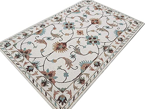 Image of Export Quality Handtufted Woolen Carpet for Living Room Bedroom & Hall - Color - White /Multi - Size - 5 x 8 Feet