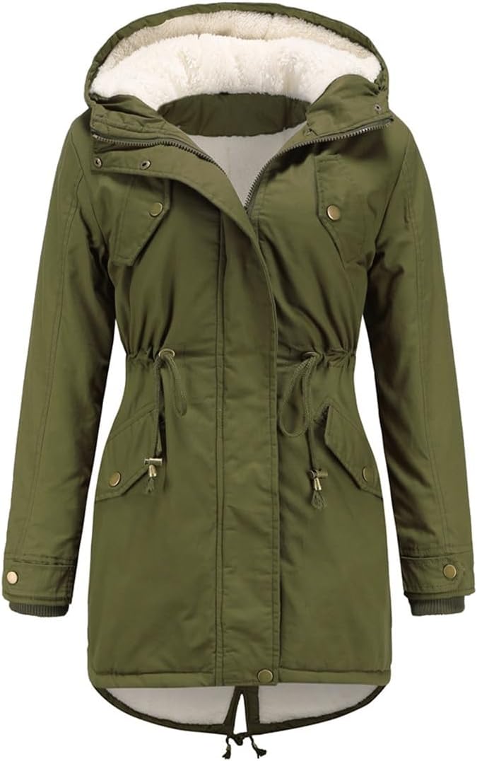 Women's plush mid-length jacket with hood, slim-fitting and waist-cinching thickened jacket for autumn and winter