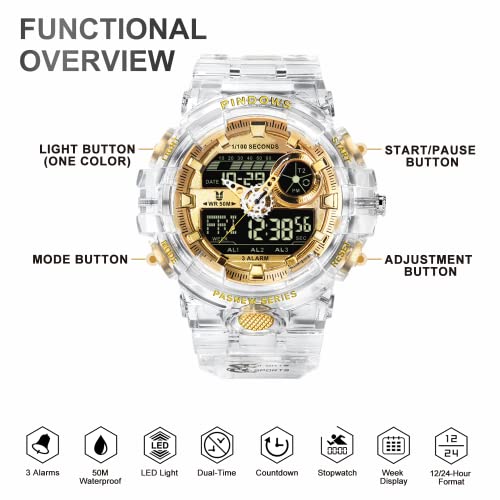 Mens Watch for Men Digital Sport Watch Transparent Gold Watches Waterproof Watches with 3 Alarms/Countdown/Stopwatch/Digital-Analog/Dual Time/Light/Military Multifunctional Wrist Watch2