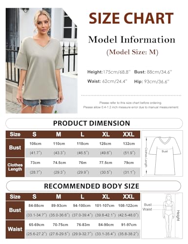 TOMEEK Camiseta Manga Corta Mujer Cuello en V Talla Grande T-Shirt Oversize Mujer Camiseta de Verano Algodón Básicas Essentials Camiseta(Caqui,M)