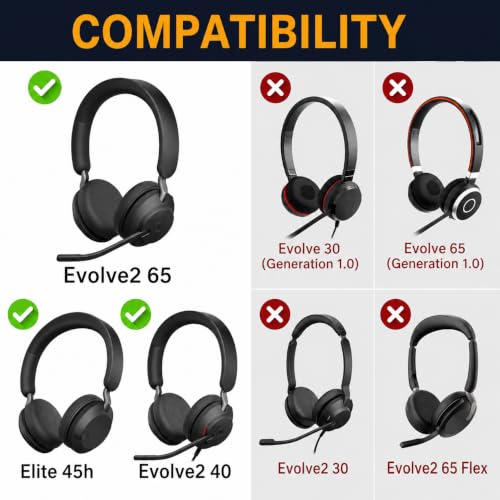 Image of Mizi Replacement Ear Pads Compatible with Jabra Evolve2 65 (65MS /65UC), Evolve2 40 (40MS /40UC USB) & Elite 45h On-Ear Headset, Soft Protein Leather Ear Cushions with High-Density Memory Foam, Black