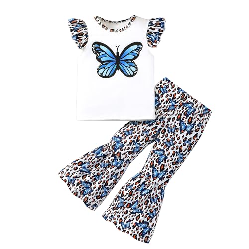 Image of Girl 2pcs set with ruffle sleeves top flared pants spring summer short sleeves 4-12Y