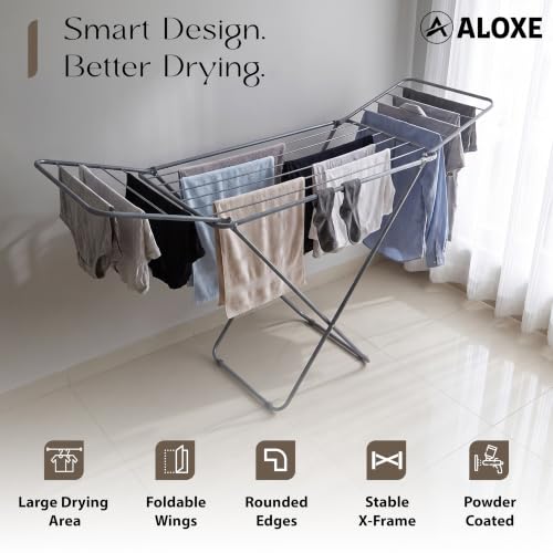 Image of ALOXE Foldable Clothes Drying Stand | Heavy Duty Cloth Dryer Stand with Wings | Mild Steel Rack for Indoor Outdoor Balcony Use (Grey)
