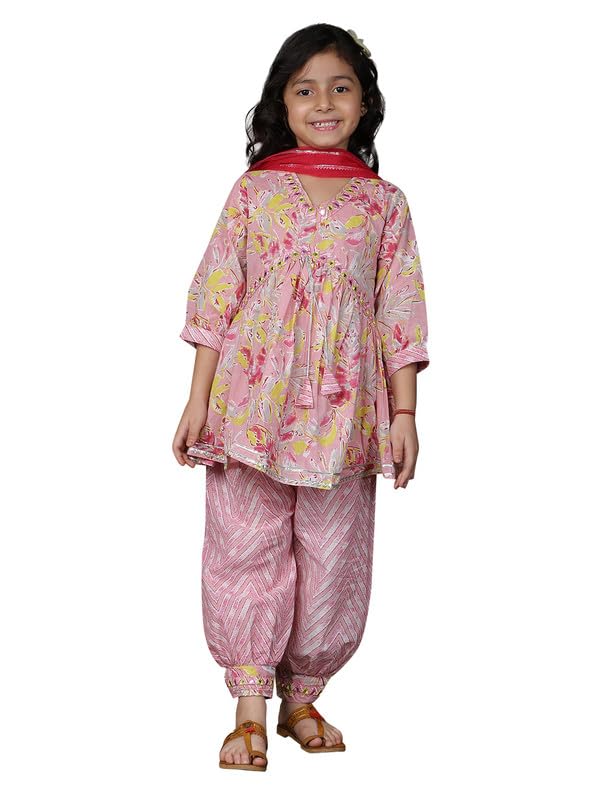 Image of superminis Girls Cotton Floral Printed Kurti Palazzo Style Salwar Set With Net Dupatta Kids Ethnic Wear Set