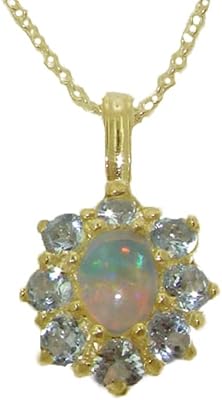 Womens Solid Yellow 10K Gold Natural Fiery Opal and Aquamarine Cluster Pendant Necklace