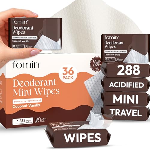 Image of FOMIN Acidified Mini Deodorant Travel Wipes - 288 Count Coconut Vanilla | pH Balanced, Biodegradable Mini Deodorant Wipes - Plastic-Free Underarm & Body Wipes for Women & Men - Fits Any Bag