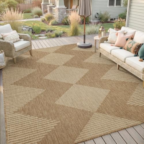 Outdoor Rug-Patio Rug 6x9 Outdoor Carpet Polypropylene Indoor Outdoor Rug for Patio Porch Deck Balcony Textured Weave Durable Mat Boho Stripes Pattern Beige & Brown by MontVoo - Used condition - CA$111.14
