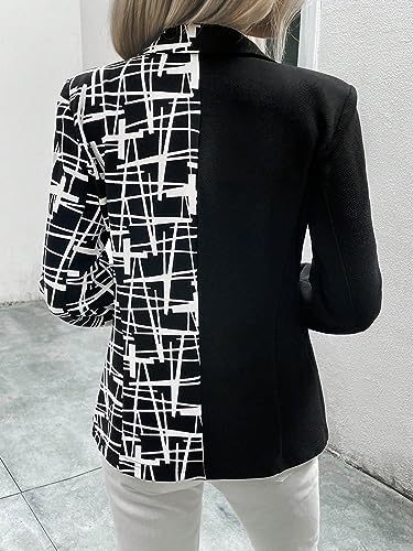 WDIRARA Women's Geometric Pattern Two Tone Button Down Wrap Knitted Lapel Long Sleeve Casual Blazer2