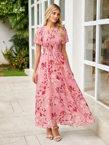 Image of Simplee Womens Casual Floral Summer Maxi Dress 2026 Boho Flowy Short Sleeve Crew Neck Vacation Smocked Chiffon Dresses