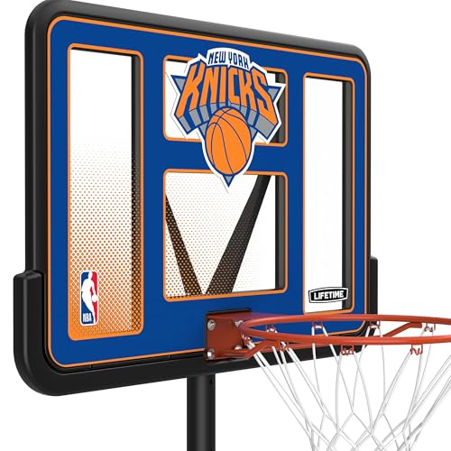 Image of Lifetime NBA New York Knicks Portable Basketball Hoop, Adjustable Height 7.5-10 Ft, 44 Inch Shatterproof Fusion Backboard, Base with Wheels