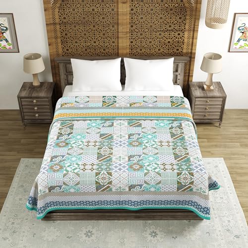 Image of BLOCKS OF INDIA 100% Cotton Dohar King Size Reversible Hand Block Printed Malmal Summer Dohar /Blanket (Blue Ikat)| TC - 300