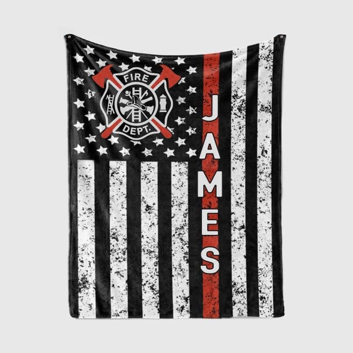 Personalized Firefighter USA Blanket, Fireman Red Thin Line Blanket, Custom Name Number Patriot Pride Gift for Fireman, Firefighter Blanket for Men Fleece Sherpa Blanket