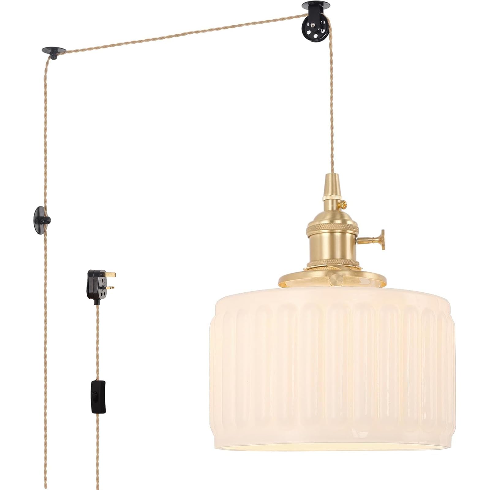 Shenmoyl Plug in Pendant Light Hanging Light Fixture Corded On/Off Switch Brass Pendant Light with White Striped Glass Lampshade for Bedroom Living Room Kitchen Island