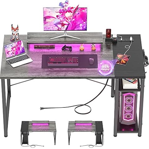 armocity Computer Desk with LED, Gaming Desk with Outlets, 40 Reversible Laptop Table with Monitor Stand, Small Desk for Small Spaces, Grey/Black Cover