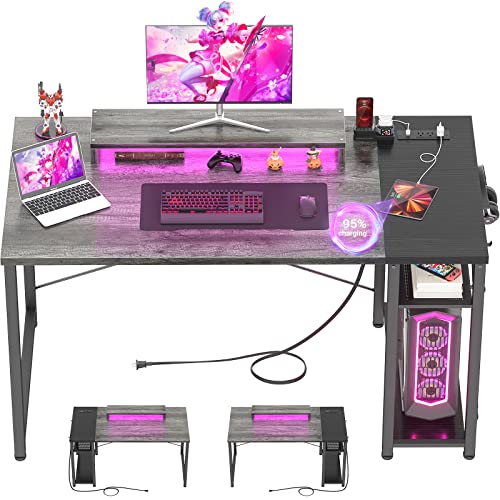 armocity Computer Desk with LED Lights, Gaming Desk with Power Outlet and USB, 40 Reversible Laptop Table with Moveable Monitor Stand, Small Desk for Small Spaces, Office, Gaming Room, Grey and Black armocity Computer Desk with LED Lights, Gaming Desk with Power Outlet and USB, 40 Reversible Laptop Table with Moveable Monitor Stand, Small Desk for Small Spaces, Office, Gaming Room, Grey and Black