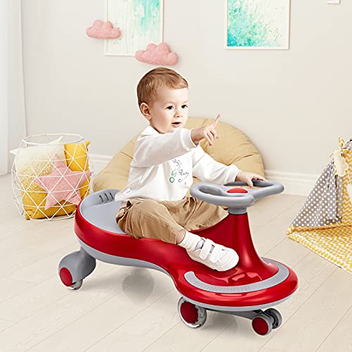Image of HONEY JOY Wiggle Car, 2 in 1 Swing Car for Kids, LED PU Flashing Wheels, No Batteries, Gears or Pedals, Uses Twist, Turn, Ride On Toy for Toddlers Boys Girls 3 Years and Up (Red)