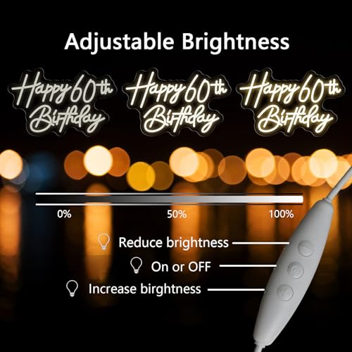 Image of Happy 60th Birthday Neon Sign For Birthday Party16.5 inch*10.5 inch Neon Happy Birthday Led Neon Light For Party Backdrop Wall Decor With Dimmable Switch Birthday Light Up Sign Birthday Gift