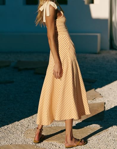 Image of Women Casual Summer Dresses Smocked V Neck Beach Dress Striped Sleeveless Sundress Flowy Long Dress with Pockets Yellow