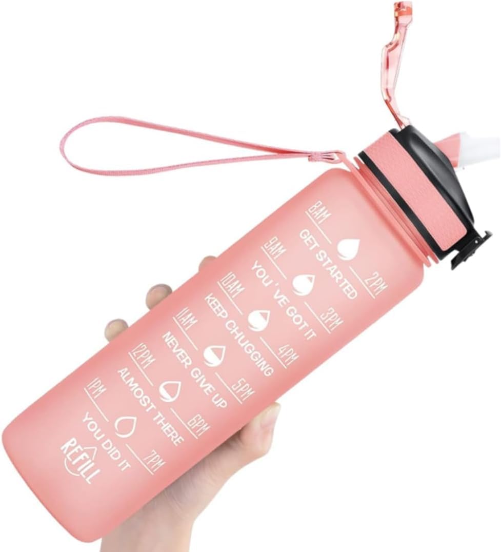 Spinegear 1Liter 32oz Water Bottle | Motivational Water Bottle with Time Marker & Straw | BPA-Free Tritan Leakproof Design, One-Click Open for Hydration Goals (Pink, 1 Litre)