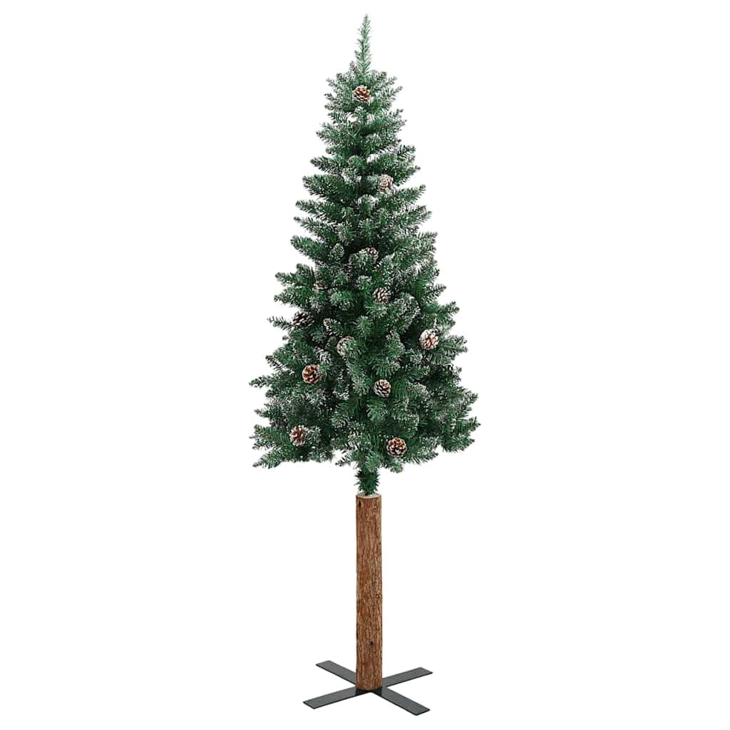 Árbol de Navidad artificial delgado de 180 cm con madera auténtica, nieve y ramas de coníferas, verde, de PVC, pino y acero, estable, duradero, para interior y exterior protegido