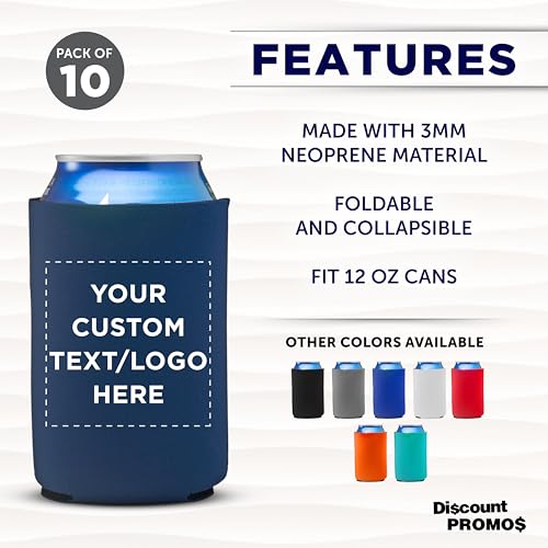 Custom Neoprene Collapsible Can Coolers 12 oz. Set of 10, Personalized Bulk Pack - Great for Weddings, Parties, Anniversary, Indoor & Outdoor Events - Navy Blue