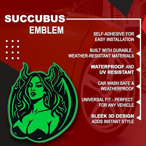 Image of Succubus Emblem, Devil Girl Demon Goddess 3D Badge, Dark Gothic Lilith Style Auto, Custom 3D Exterior Automotive Accessories, Universal Fit for Car, Truck, SUV (Set of 2) (Green)