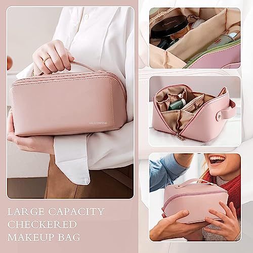 Image of ARLICORPING Large Capacity Cosmetic Travel Bag, Women's Makeup Travel Bag Portable Leather Cosmetics Bag, Makeup Storage Bags with Handle and Divider, Wide Opening Cosmetic Organizer. (Pink)