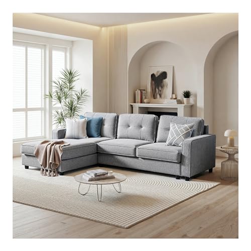 INMOZATA 3-4 Seater Large Corner Sofa 260cm L shape Sofa Linen Sectional Sofa Reversible 3-Seater Chaise Lounge for Living Room Bedroom Spare Room(Grey)