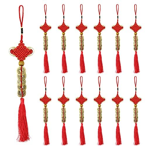 12 Pieces Chinese New Year Fortune Coins Lucky Charms Tassel Gold Chinese Knot New Year Decorations Chinese Feng Shui Coins for Chinese New Year Home Wealth Success Good Luck