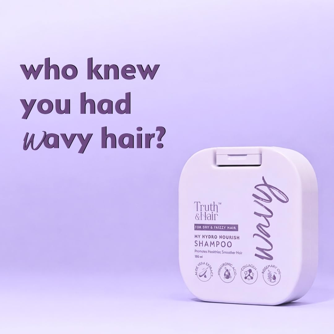 TRUTH & HAIR Hydro Nourish Shampoo for Wavy Hair | Enriched with Aloe Vera Extract, Collagen, Rosemary Oil (180ml)