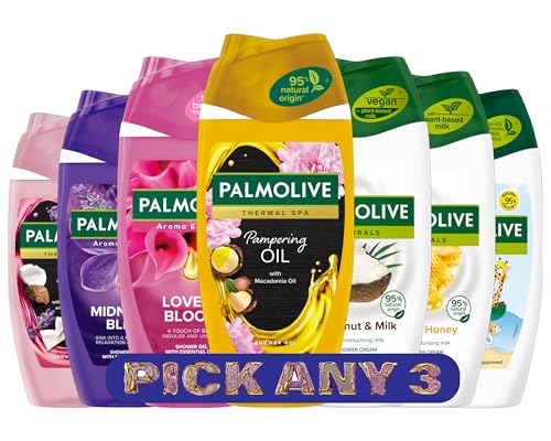 Palmolive Shower Gel and Crème, 250ml Each - Pick Any 3 - Variety Pack with Natural Ingredients and Vegan-Friendly Options
