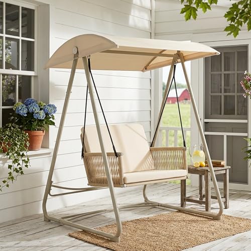 Image of Porch Swing with Stand, Outdoor Swing with Canopy, All Weather Outdoor Swings for Adults, 400lbs Heavy Duty Porch Swings with Removable Cushions, Single Hanging Chair for Small Space, Beige