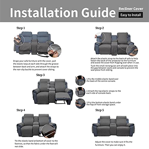 Image of Easy-Going Loveseat Recliner Cover with Console, Reversible Couch Cover for Living Room, Split Sofa Cover for Each Seat with Elastic Straps for Kids, Dogs, Pets(2 Seater, Gray /Light Gray)