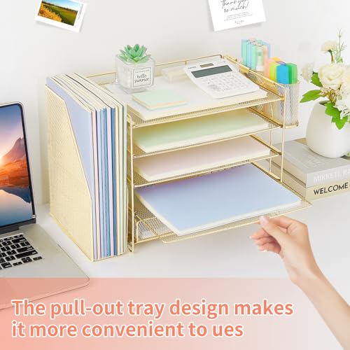 Image of OPNICE Desk Organizer, 5-Tier Paper File Organizer with Drawer & Pen Holder, Office Desk Accessories, Workspace Desktop Organizer for Office Supplies(Gold)