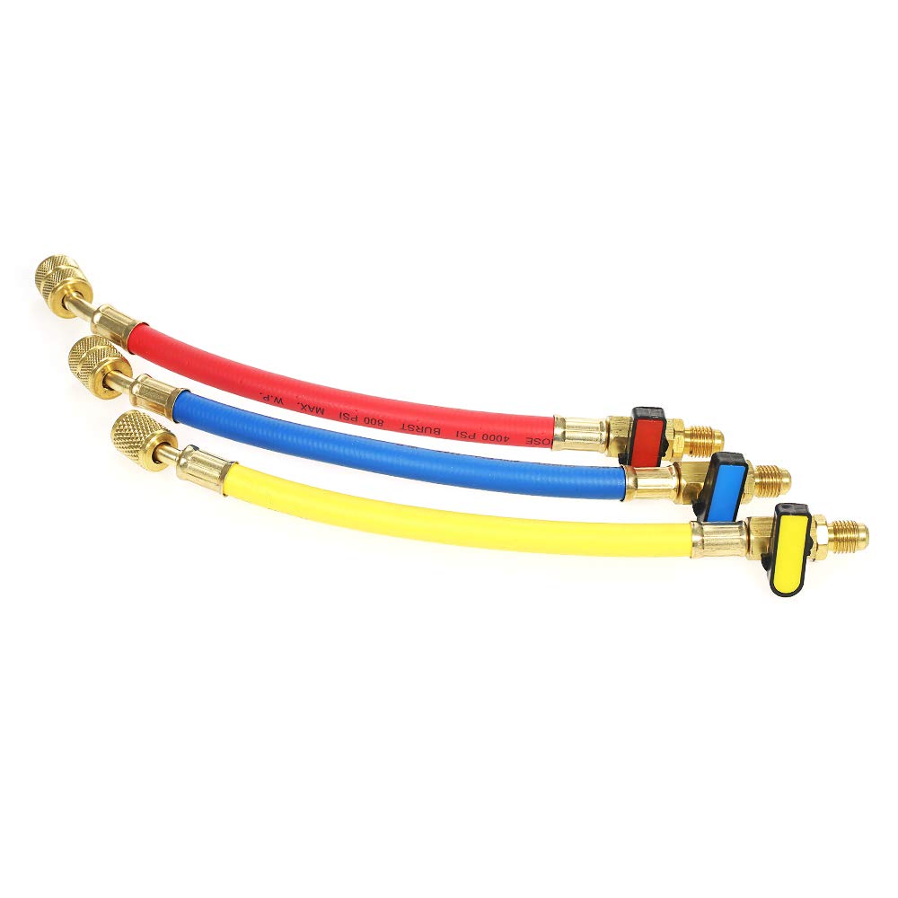 Set di 3 manometri R410A R22 R12 800 PSI Manifold Set A/C tubo di ricarica refrigerante ad alta pressione HVAC tubi di ricarica con valvola a sfera