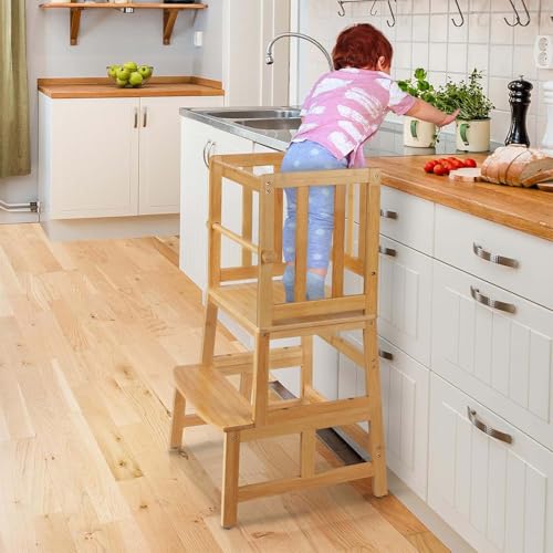 Comparison: Best Kitchen Towers For Toddlers COSYLAND Kids Kitchen Step Stool,Toddler Standing Tower with CPC Certification, Removable Anti-Drop Railing Safety Rail Enjoys Unique Patented Design A Anti-tip Structure More Stable, Natural Bamboo