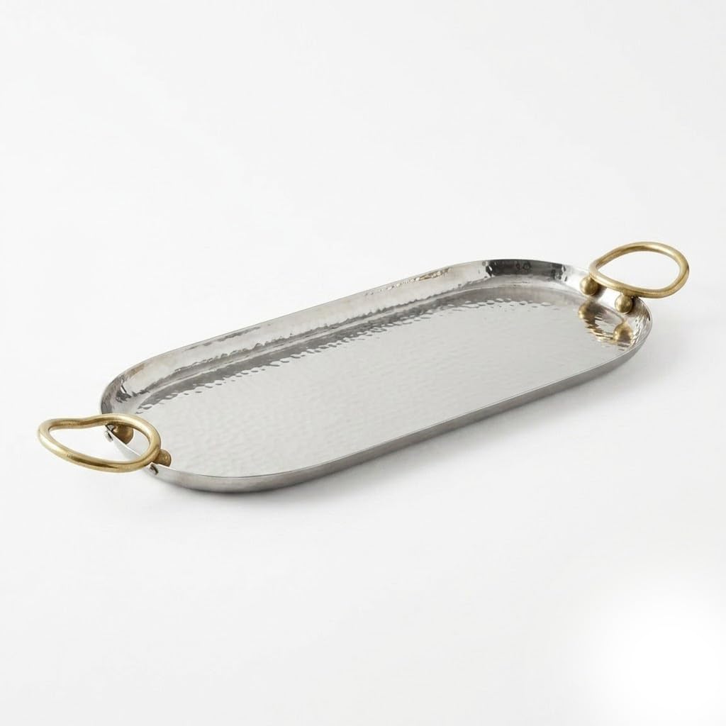 IHI EST. 1986 Hammered Steel Decorative Serving Tray with Brass Handles, 17 x 5 Inch Oval Metal Tray, Elegant Centerpiece for Coffee Table and Home Décor